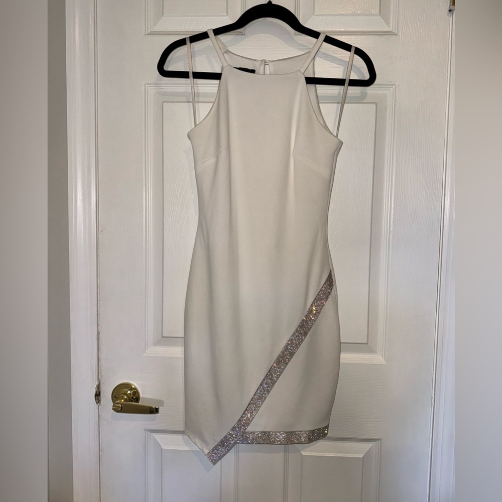 BCX Juniors' Asymmetrical-Hem Rhinestone Dress in white